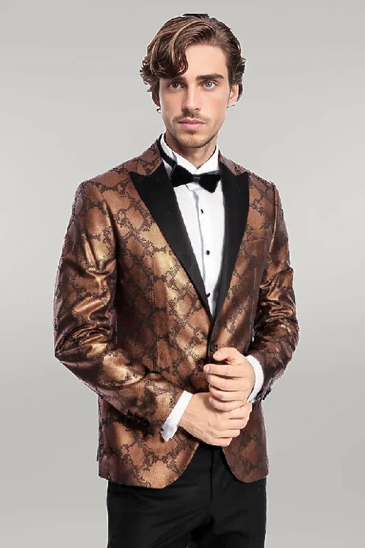 Patterned Slim Fit Brown Men Stage Tuxedo Blazer - Wessi