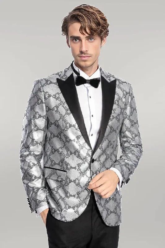 Patterned Slim Fit Grey Men Singer Tuxedo Blazer - Wessi