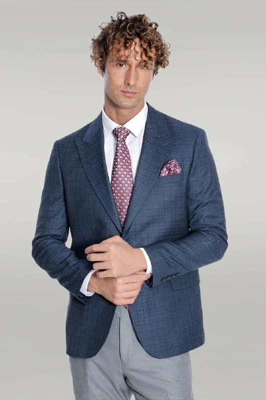 Patterned Wide Lapel Navy Blue Men Blazer - Wessi