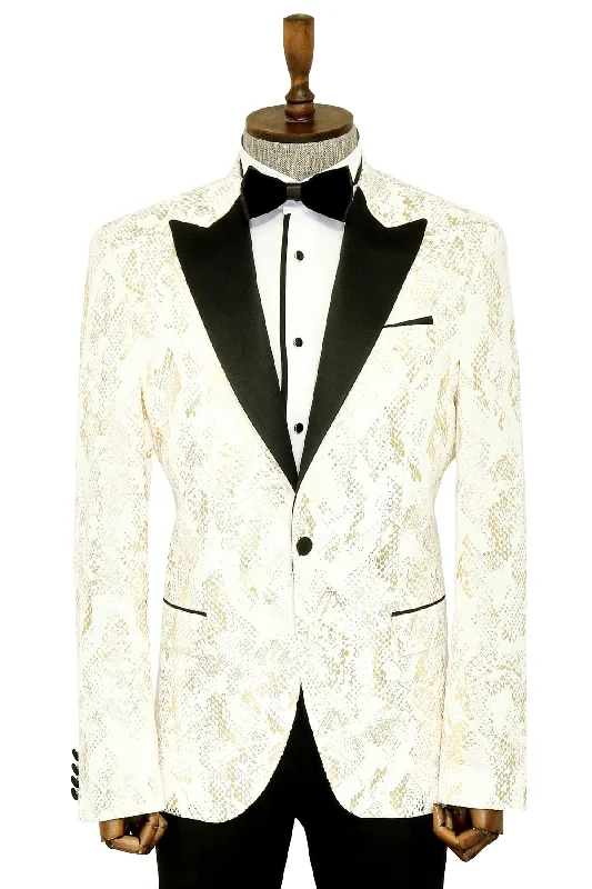 Peak Lapel Slim Fit Gold Patterned White Men Dinner Jacket - Wessi