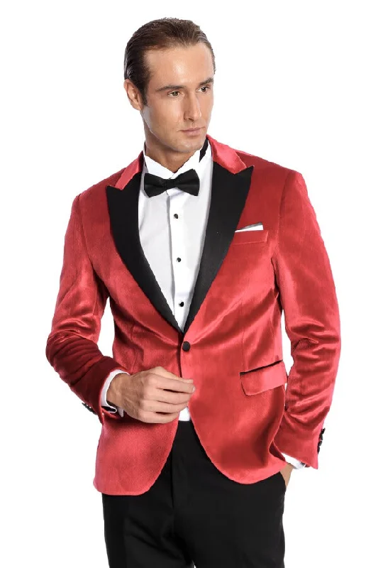 Peak Lapel Velvet Red Men Wedding Tuxedo Blazer - Wessi