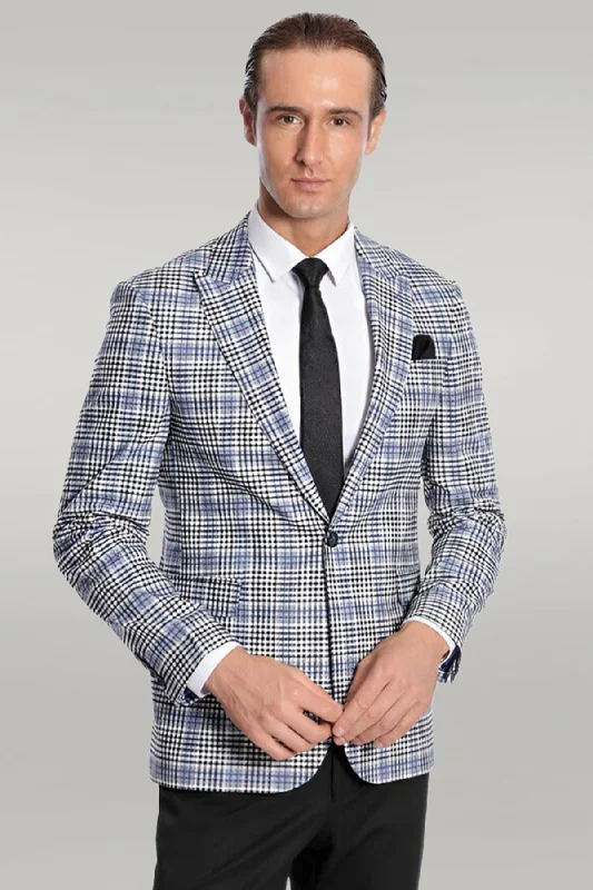 Plaid Slim-Fit Blue Black Men Blazer - Wessi