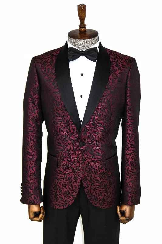 Shawl Lapel Floral Patterned Burgundy Men Wedding Tuxedo Blazer - Wessi