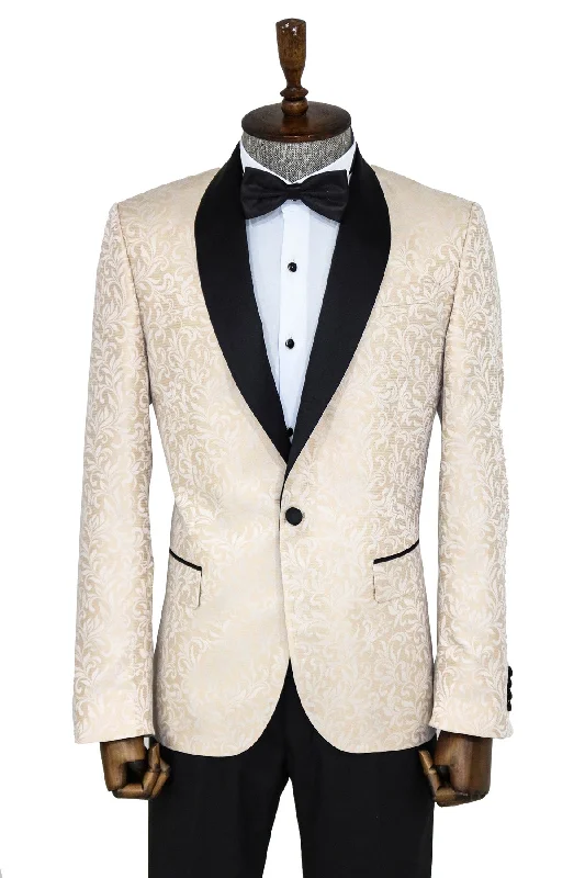 Shawl Lapel Floral Patterned Cream Men Singer Stage Blazer - Wessi