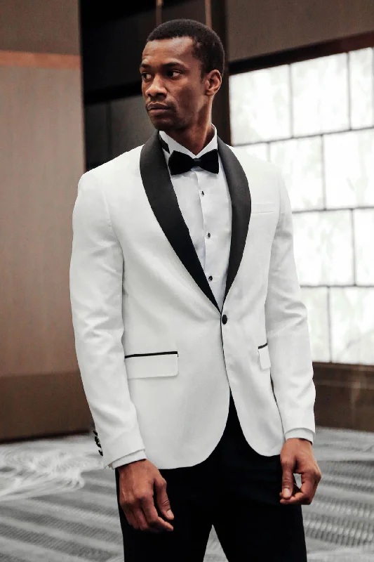 Shawl Lapel Floral Patterned White Men Wedding Tuxedo Blazer - Wessi