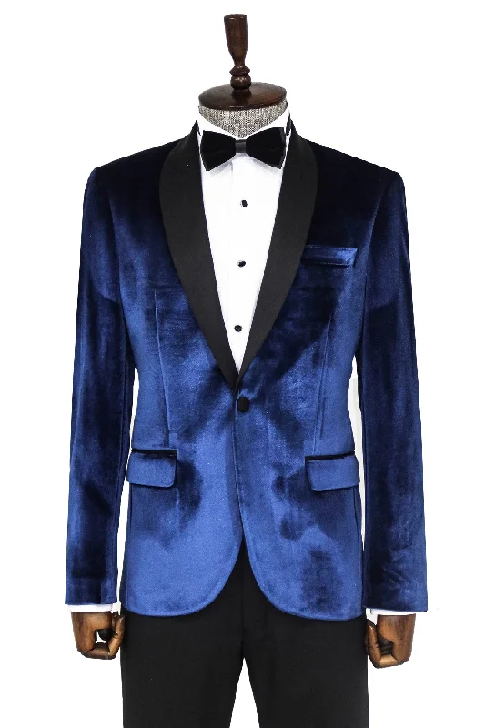 Shawl Lapel Velvet Navy Blue Men Prom Party Blazer - Wessi