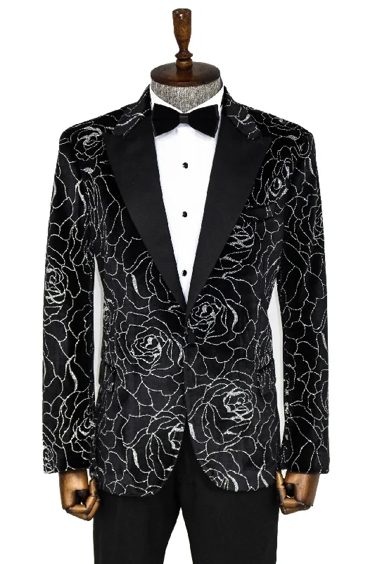 Silver Rose Patterned Over Green Velvet Men Dazzle Jackets - Wessi