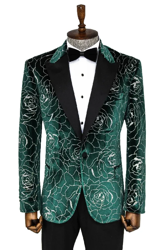 Silver Rose Patterned Over Green Velvet Men Dazzle Jackets - Wessi