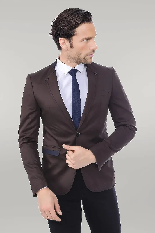 Single Button Standing Collar Brown Men Blazer - Wessi