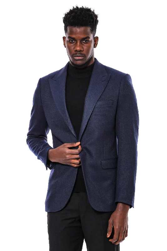 Slim Fit Patterned Dark Blue Men Blazer - Wessi