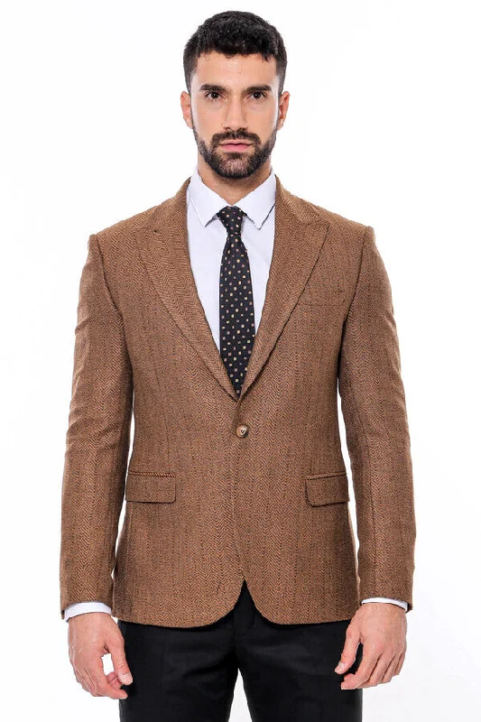 Slim Fit Patterned Light Brown Men Blazer - Wessi