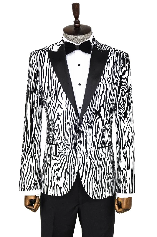 Slim Fit Zebra Patterned White Men Party Blazer - Wessi