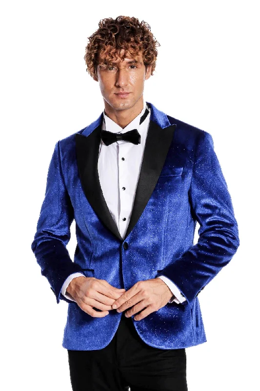 Sparkle Slim Fit Velvet Bast Blue Men Dinner Tuxedo Jacket - Wessi