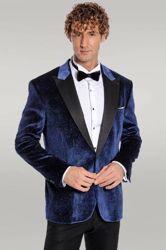 Sparkle Slim Fit Velvet Navy Blue Men Wedding Tuxedo Blazer - Wessi