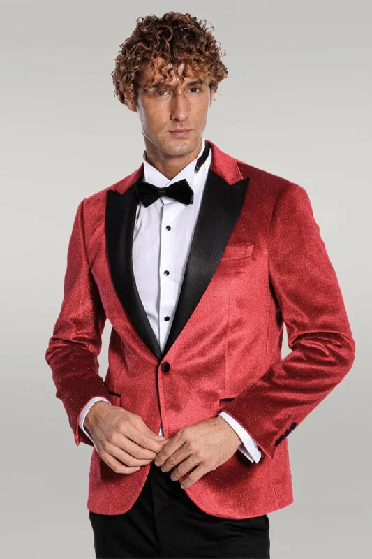 Sparkle Slim Fit Velvet Red Men Singer Tuxedo  Blazer - Wessi