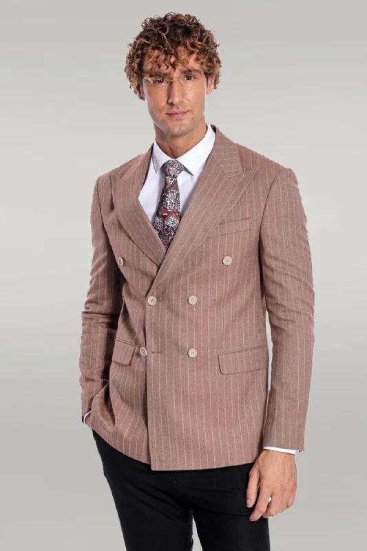 Striped Double Breasted Beige Men Blazer - Wessi