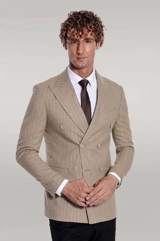 Striped Double Breasted Cream Men Blazer - Wessi