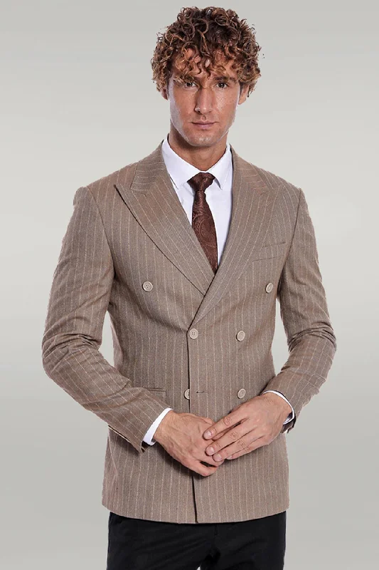 Striped Double Breasted Light Brown Men Blazer - Wessi