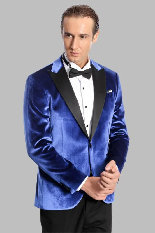 Velvet Navy Blue Slim Fit Men Tuxedo Jacket - Wessi