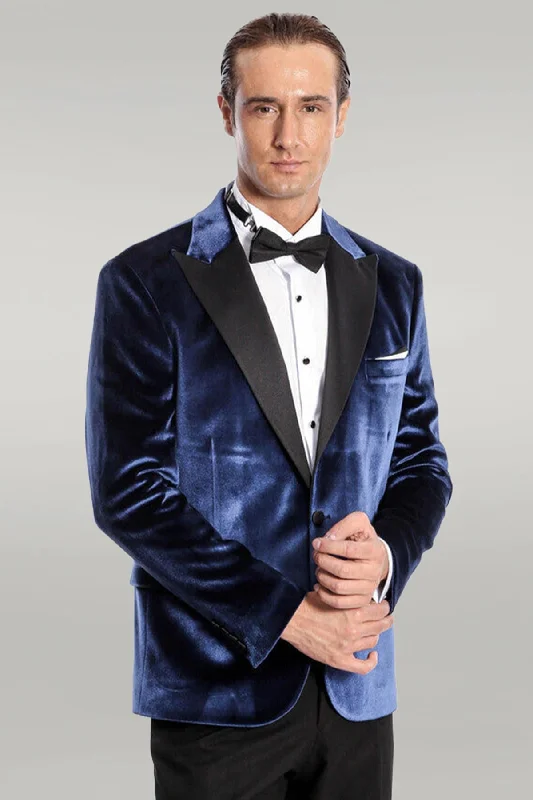 Velvet Slim Fit Blue Men Tuxedo Jacket - Wessi