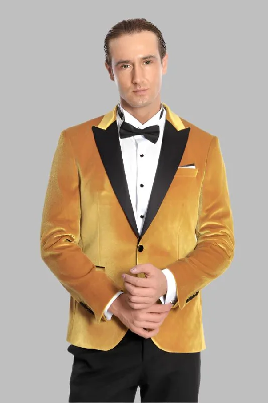 Velvet Slim Fit Yellow Men Tuxedo Jacket - Wessi