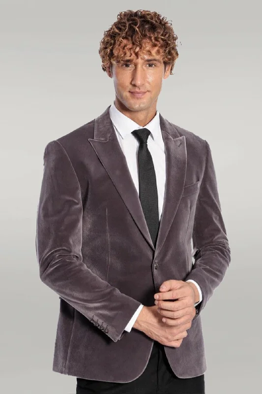 Wide Peak Lapel Single Button Velvet Grey Men Blazer - Wessi