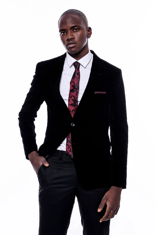 Wide Peak Lapel Velvet Black Blazer - Wessi