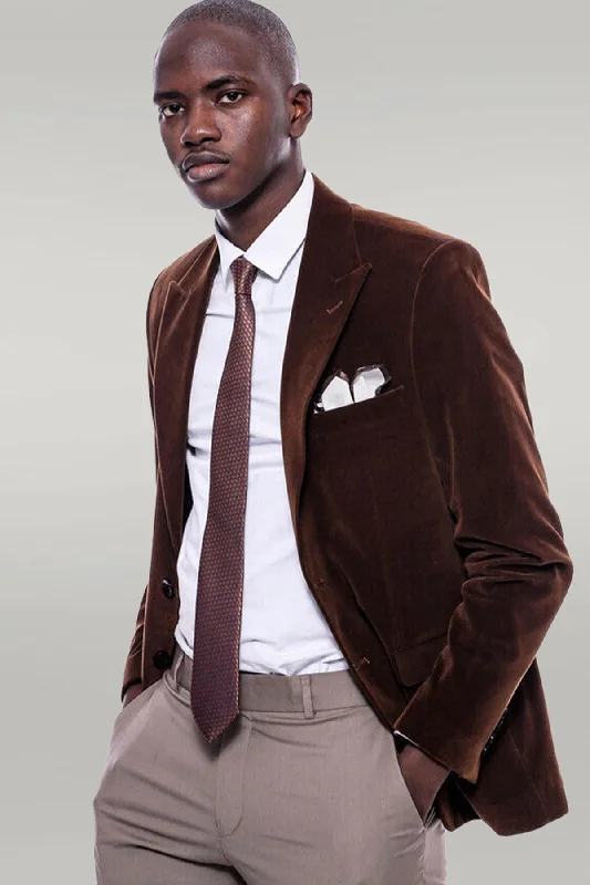 Wide Peak Lapel Velvet Brown Men Blazer - Wessi