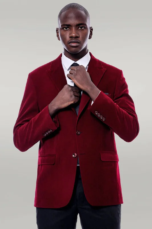 Wide Peak Lapel Velvet Burgundy Men Blazer - Wessi