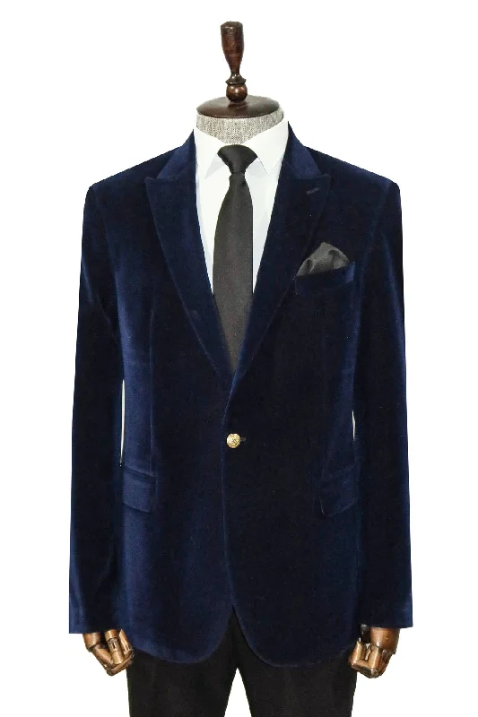 Wide Peak Lapel Velvet Navy Blue Blazer - Wessi