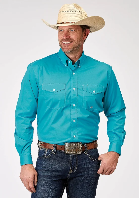 Roper Mens 1943 Solid Poplin Turquoise Cotton Blend Btn L/S Shirt