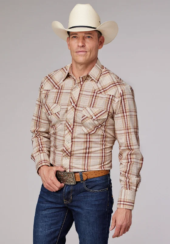 Roper Mens 2063 Tall Plaid Tan/Cream Cotton Blend L/S Shirt