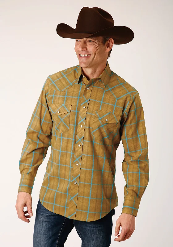 Roper Mens Butterscotch Plaid Yellow Cotton Blend L/S Shirt