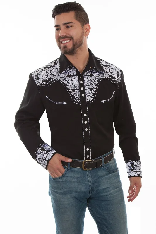 Scully Mens Black/White Poly/Rayon Floral Tooled L/S Shirt