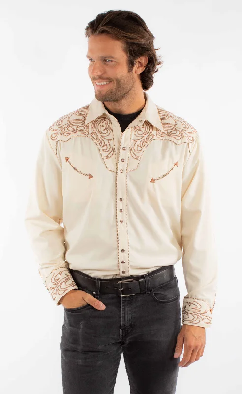 Scully Mens Embroidered Scroll Cream Poly/Rayon L/S Shirt