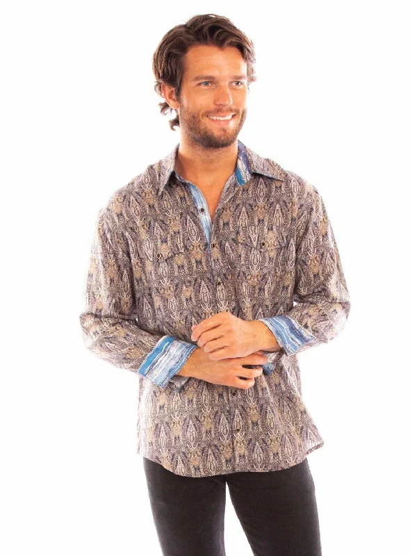 Scully Mens Signature Paisley Navy 100% Tencel L/S Shirt