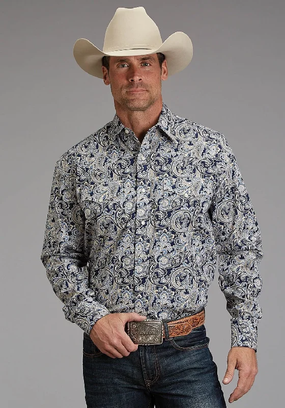 Stetson Mens Greenspring Paisley Blue 100% Cotton L/S Shirt