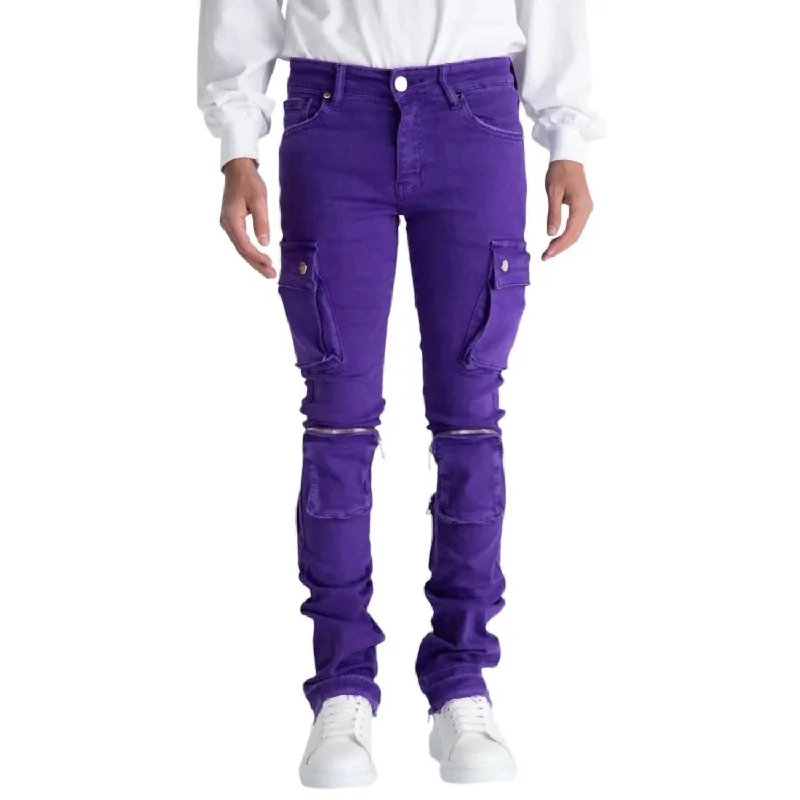 Men's Never Look Back Cargo Flare Stack Denim Jean In Purple